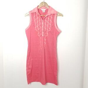 Esley Blush Coral Sleeveless Cotton Blend Polo Collar Button Ruff Detail Dress M